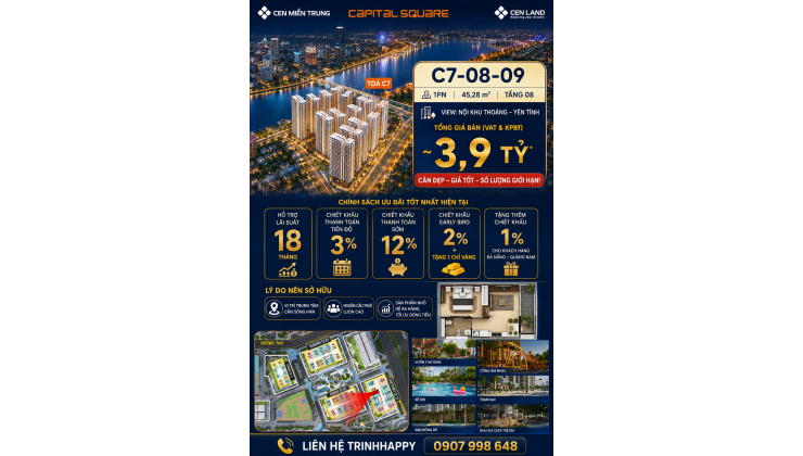 CĂN 1PN TÒA C7 CAPITAL SQUARE ĐÀ NẴNG GIÁ TỐT VIEW NỘI KHU